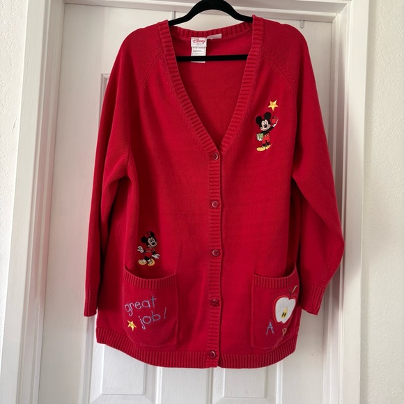 Disney Sweaters - Vintage Disney Mickey Minnie Cardigan Teacher Apple Embroidered Red XXL Academia